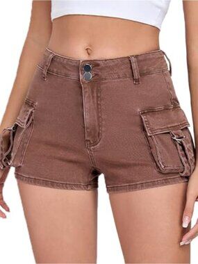 High Stretch Denim Mini Cargo Shorts with Pockets